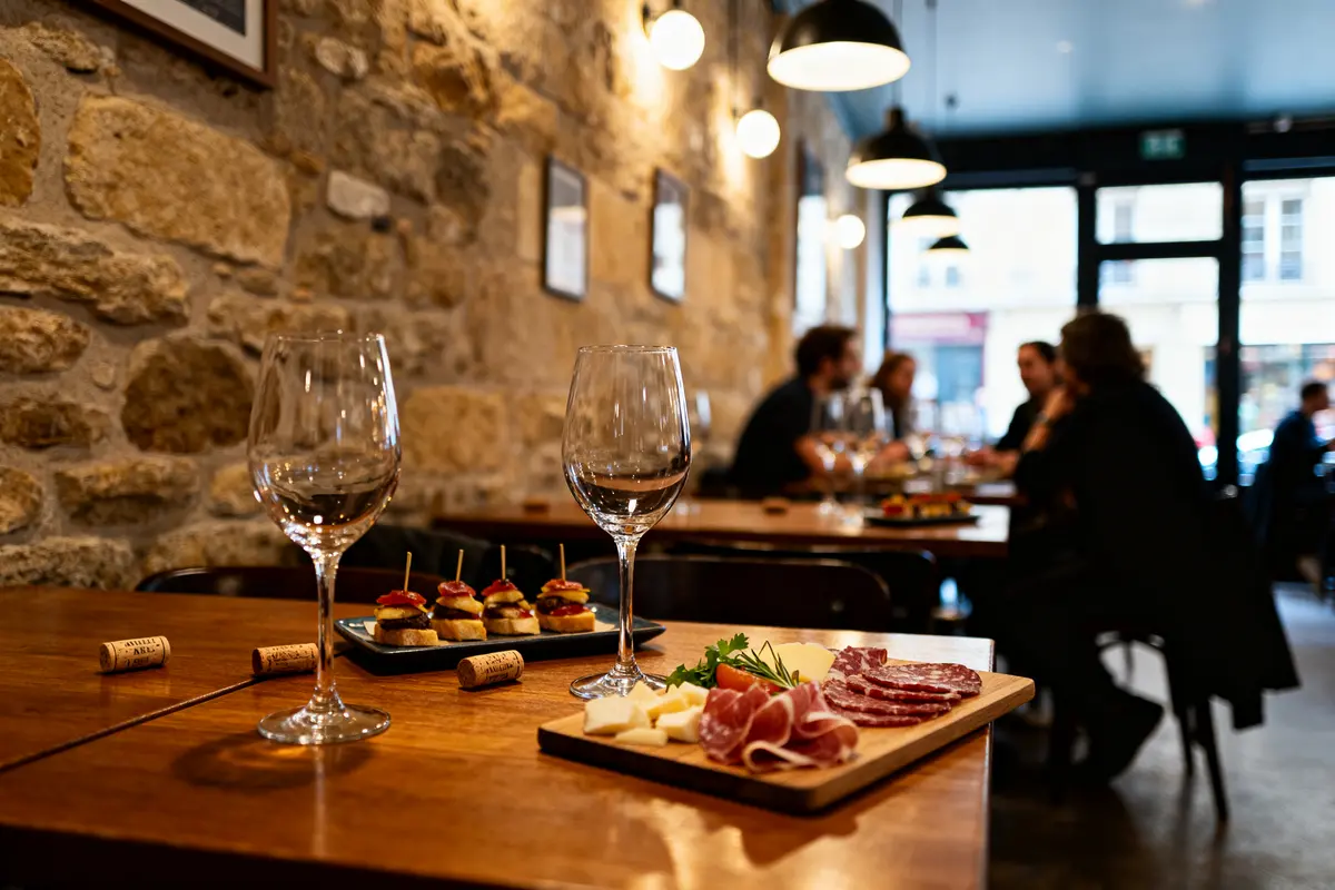 Tables avec tapas et verres à Arbela 10 - bar à vins & tapas accueillant