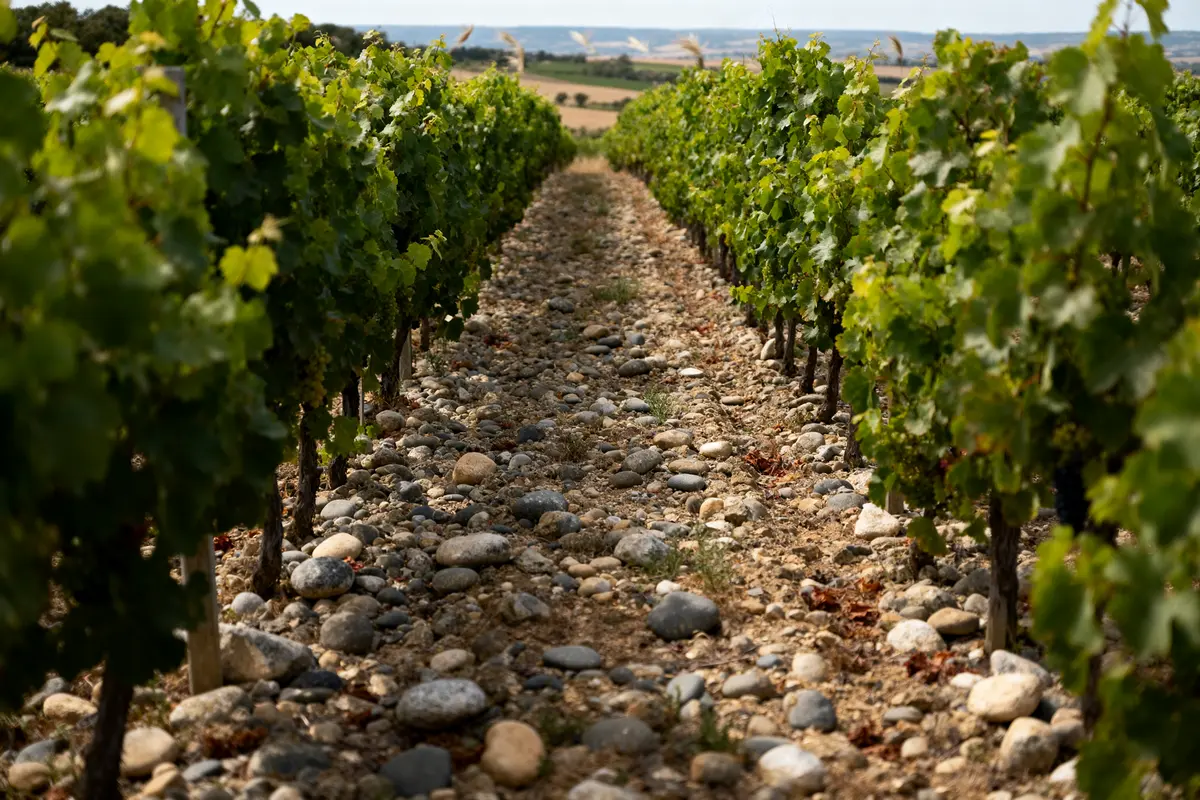 Vignes sur sol caillouteux dans un vignoble Crozes-Hermitage AOC en été