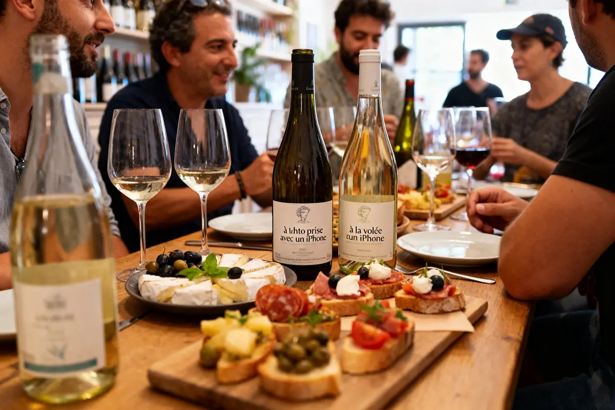 Groupe d'amis partageant vin et tapas chez Marion nous - bar à vins & tapas