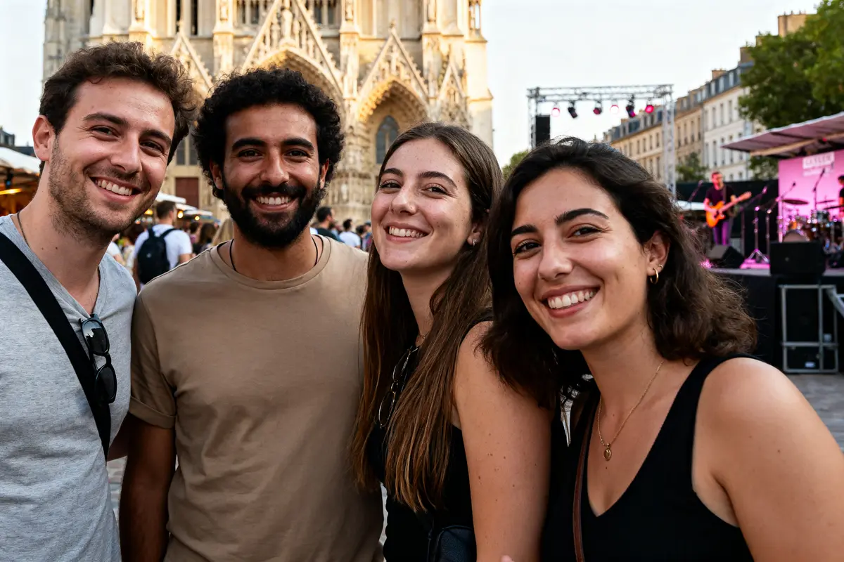 Quatre amis souriants devant la cathédrale de Reims on va sortir concert