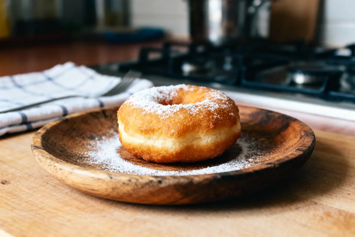 Beignet de carnaval saupoudré de sucre sur assiette en bois dans une cuisine.