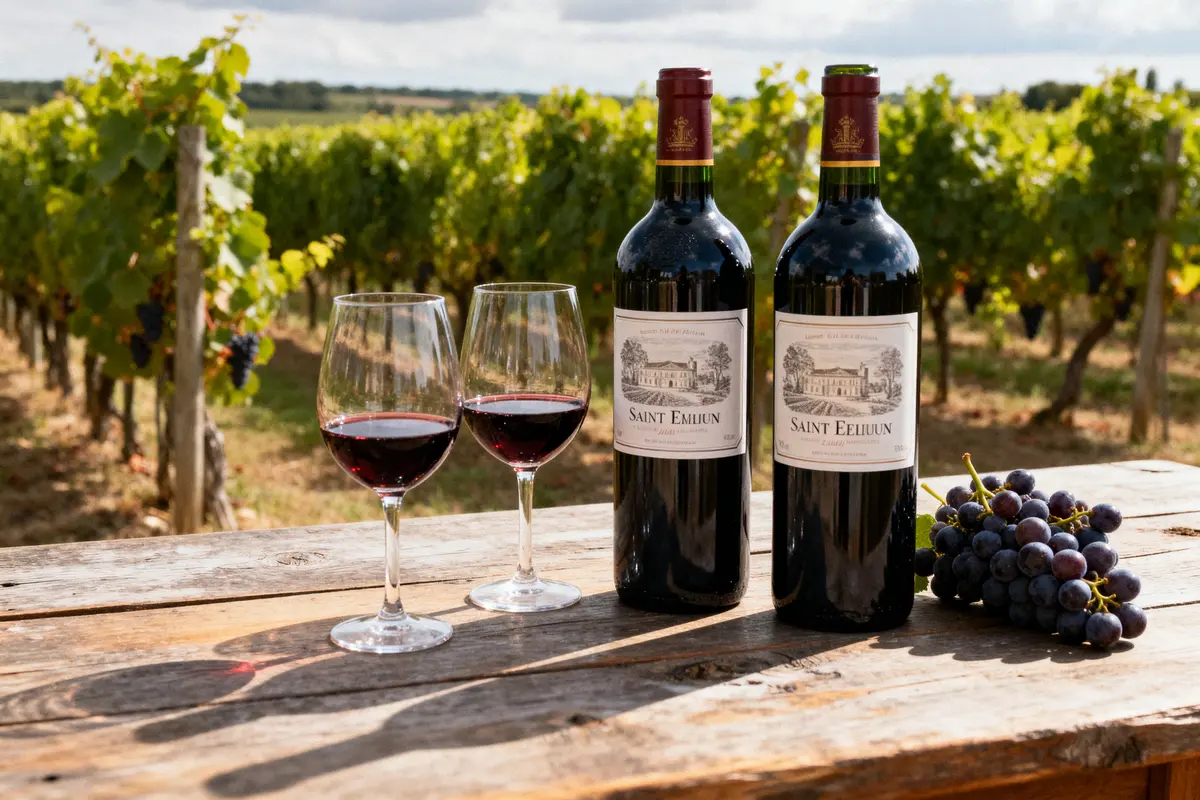 Deux bouteilles et verres de vin Saint-Emilion devant des vignes illustrent les caractéristiques des vins de Saint-Emilion