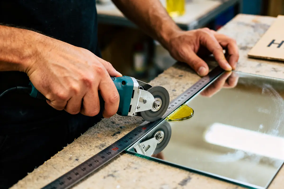 Personne utilisant un outil électrique pour apprendre comment couper un miroir avec précision