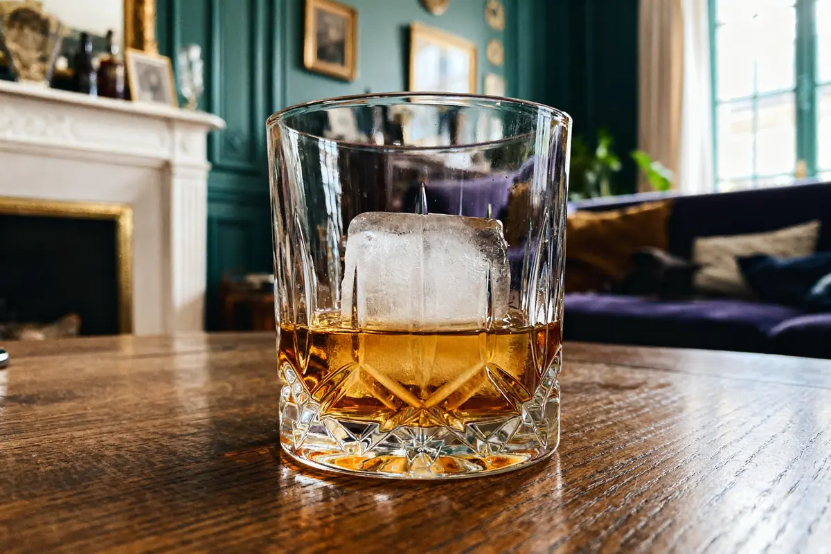 Verre de whisky avec glaçon, dose de whisky en cl, sur table en bois