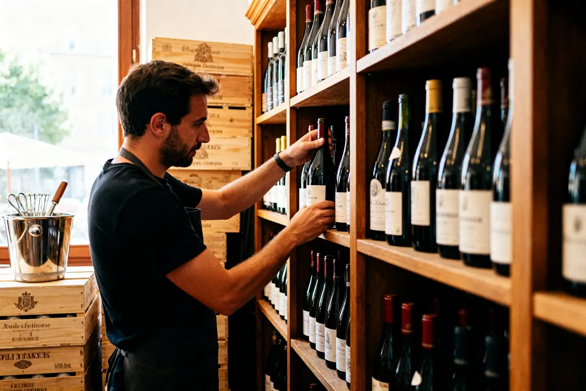 Homme exerçant le métier de caviste sélectionnant des bouteilles de vin sur des étagères en bois