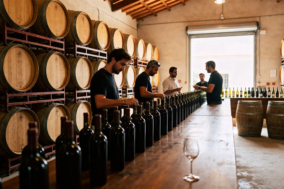 Hommes travaillant dans une cave à vin parmi les plus gros négociants en vin de France