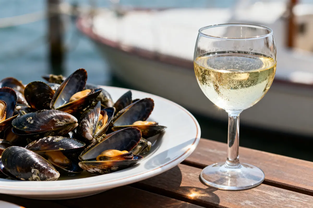 Verre de vin blanc à côté d'un plat de moules au bord de l'eau