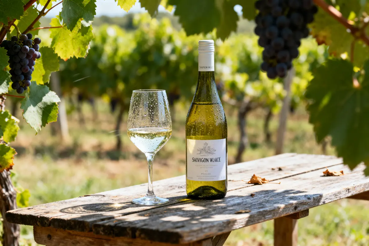 Bouteille et verre de sauvignon blanc sur table en bois dans un vignoble ensoleillé
