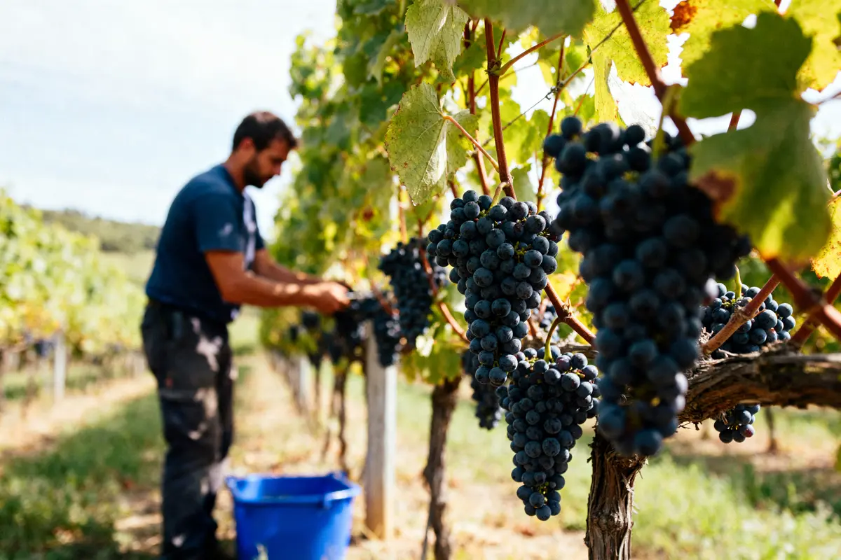 Homme récoltant des raisins noirs mûrs dans un vignoble pendant les vendanges ensoleillées