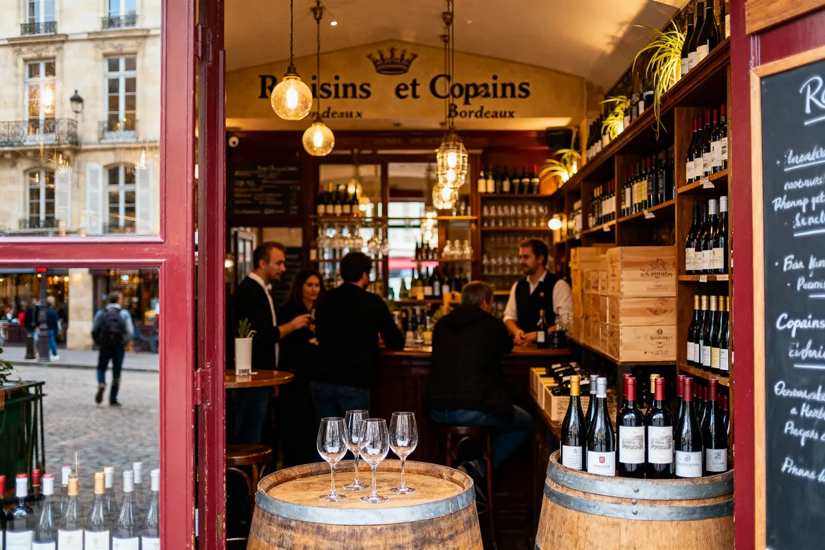 Bar à vin accueillant avec bouteilles, verres et clients discutant autour du comptoir en bois.