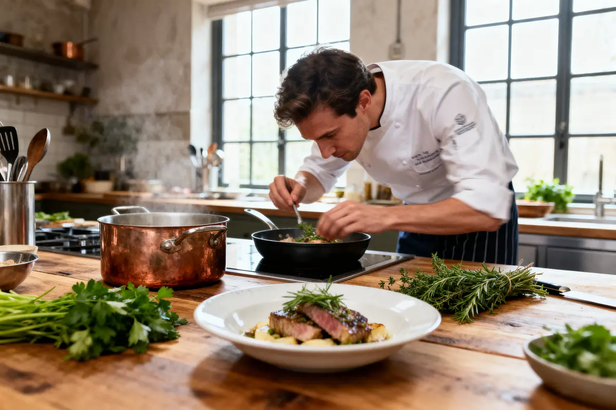 Chef cuisinier concentré, prépare un plat raffiné dans une cuisine lumineuse avec herbes fraîches.