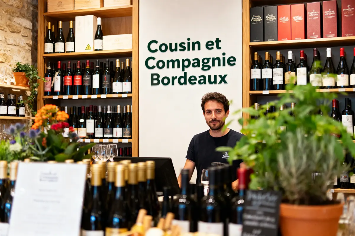 Un homme derrière un comptoir de vin dans un magasin, plantes au premier plan.