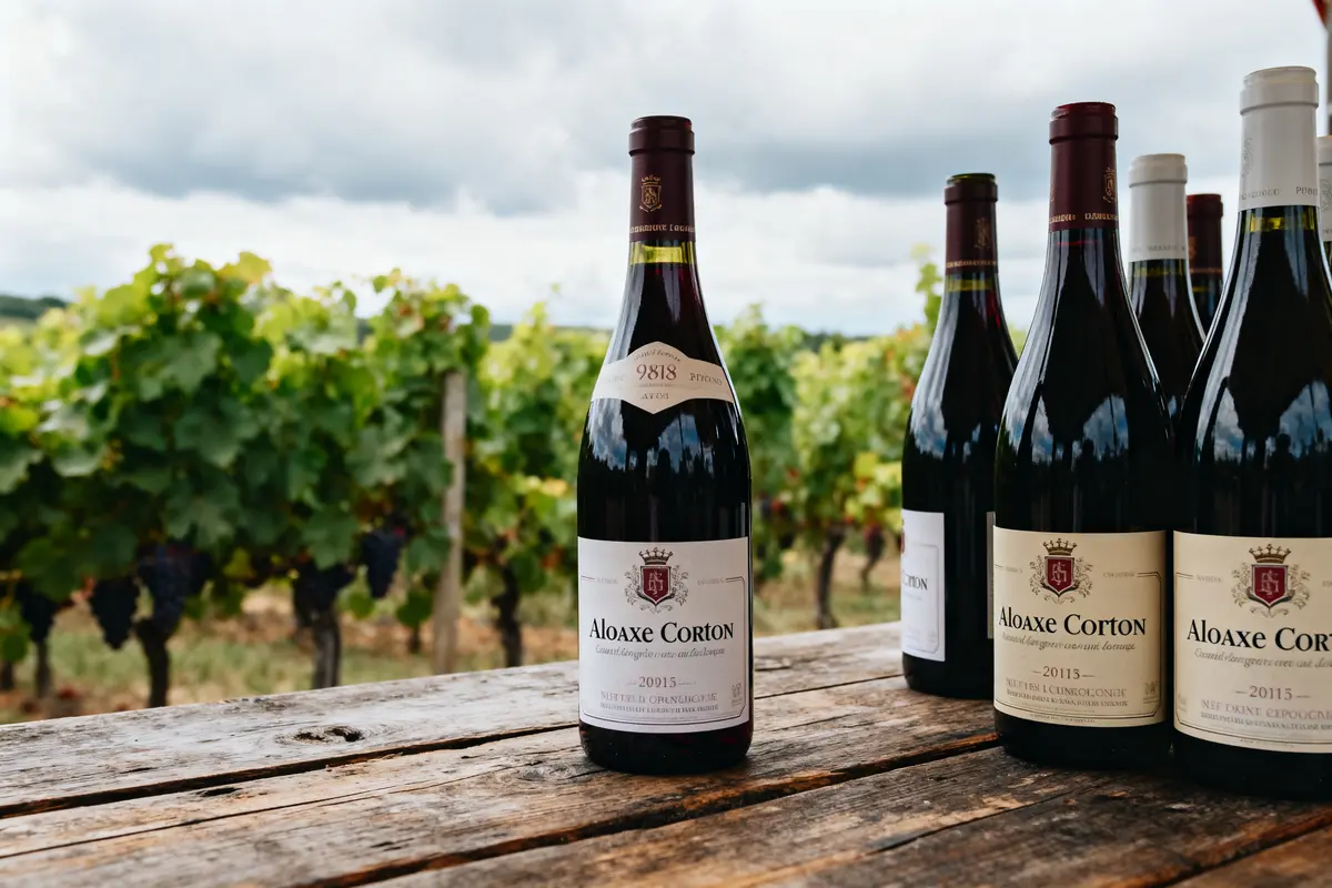 Bouteilles de vin rouge sur une table en bois, vignes en arrière-plan sous un ciel nuageux.