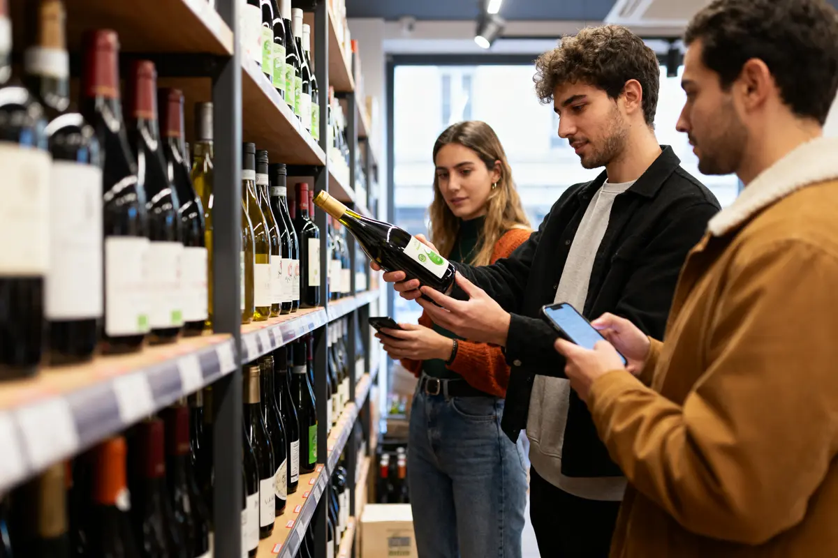 Trois personnes regardent des bouteilles de vin dans un magasin, certaines utilisant un smartphone.