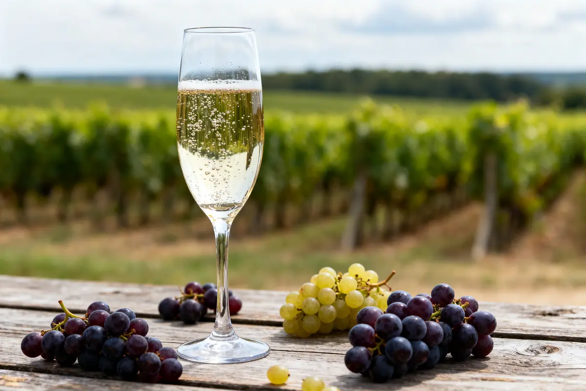 Verre de champagne pétillant sur table en bois, avec raisins, vignoble flou en arrière-plan.