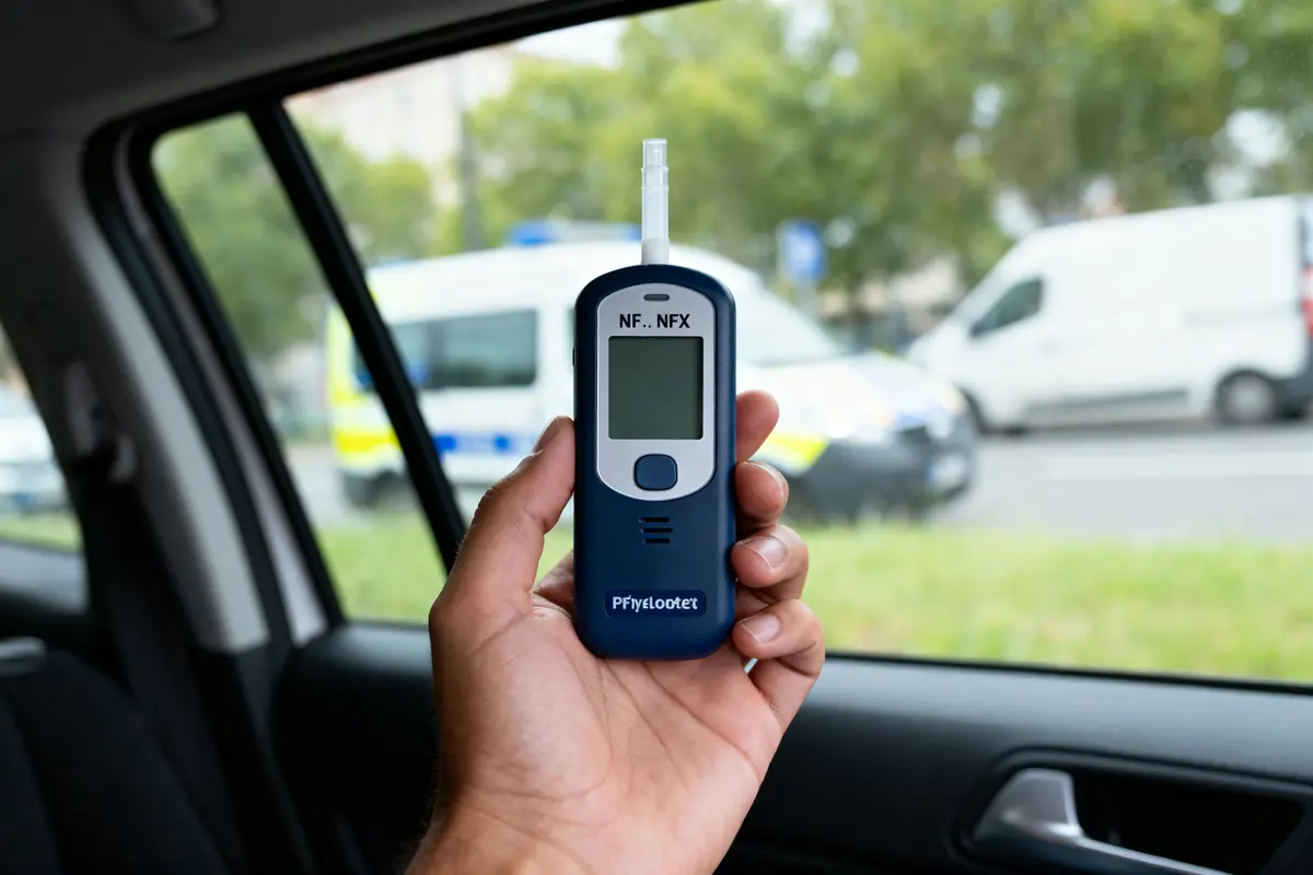 Main tenant un éthylotest électronique dans une voiture, avec véhicules flous en arrière-plan.