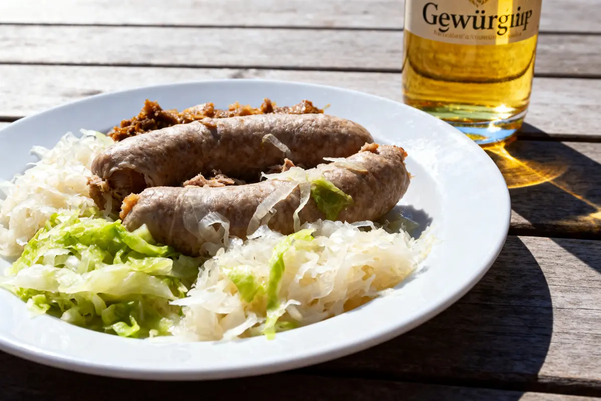 Assiette avec saucisses, choucroute, salade verte, accompagnée d'un verre de boisson Gewürzliip sur table en bois.