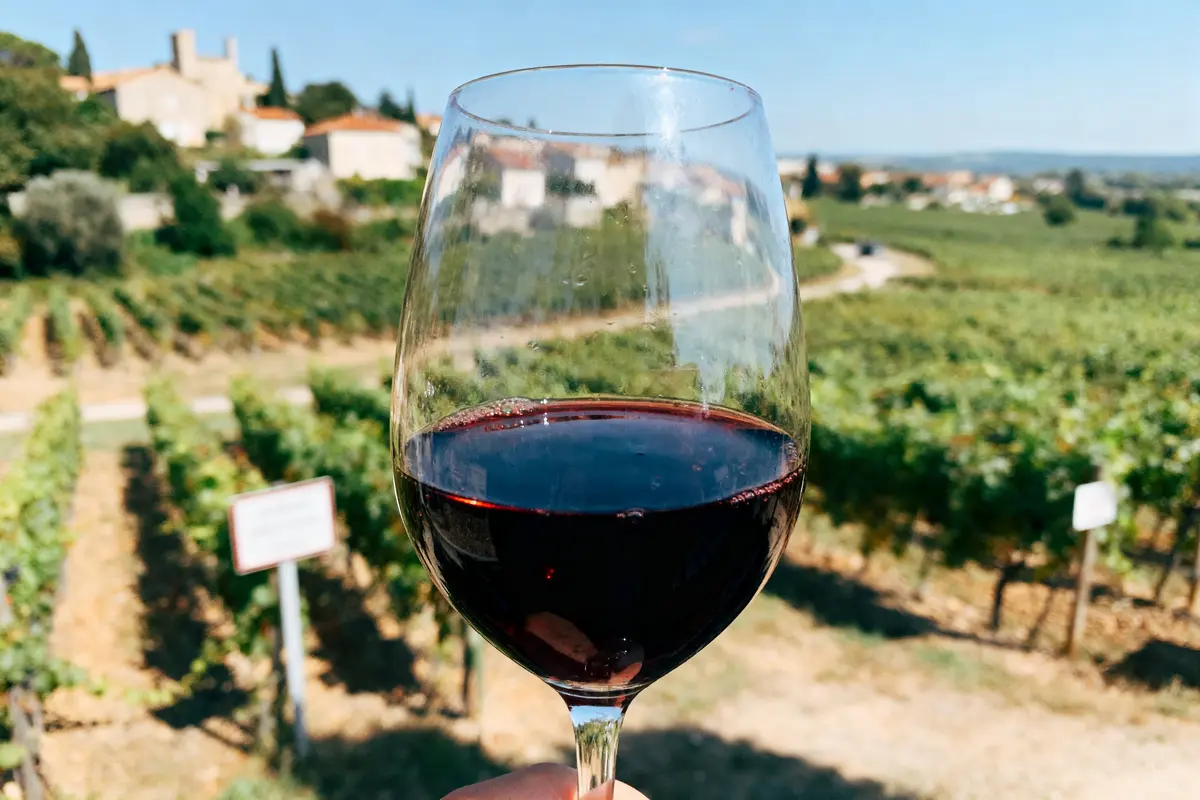 Verre de vin rouge avec vignoble en arrière-plan, ciel bleu et village éloigné.