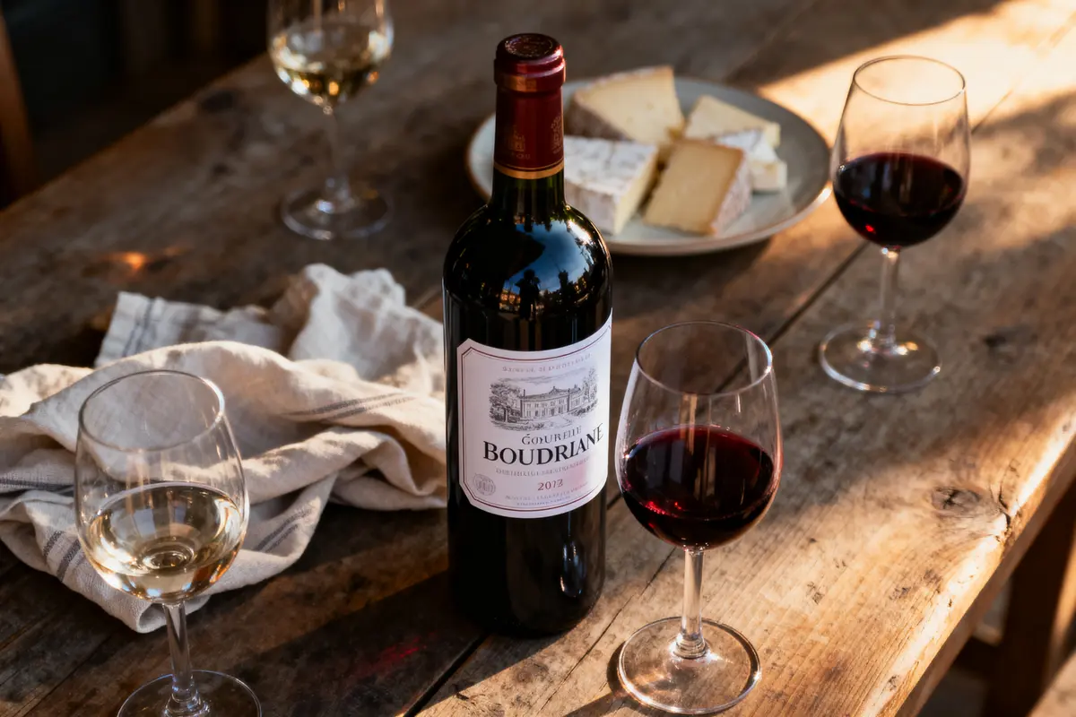 Bouteille de vin rouge, verres de vin et assiette de fromages sur une table en bois.