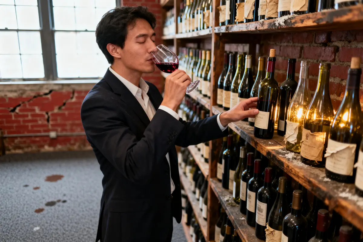 Homme en costume dégustant du vin rouge dans une cave, entouré de bouteilles sur des étagères en bois.