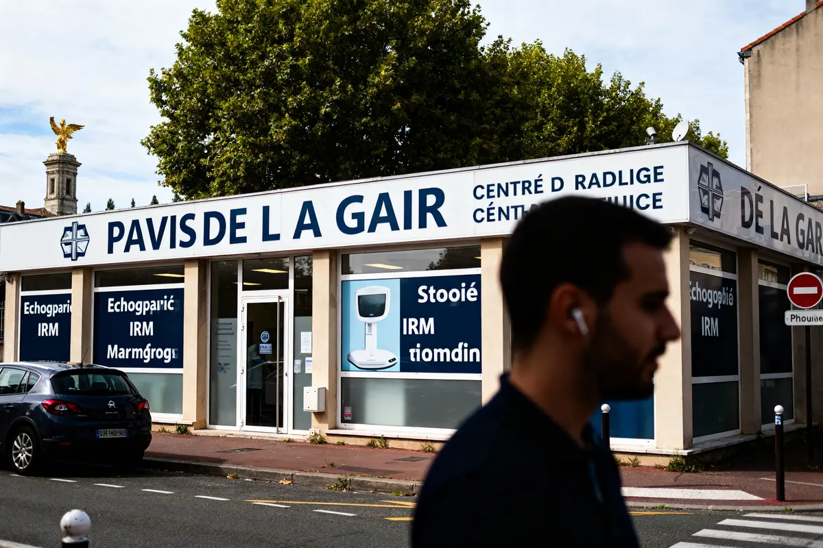 Un homme marche près d'un centre médical avec des panneaux en lettres mélangées.
