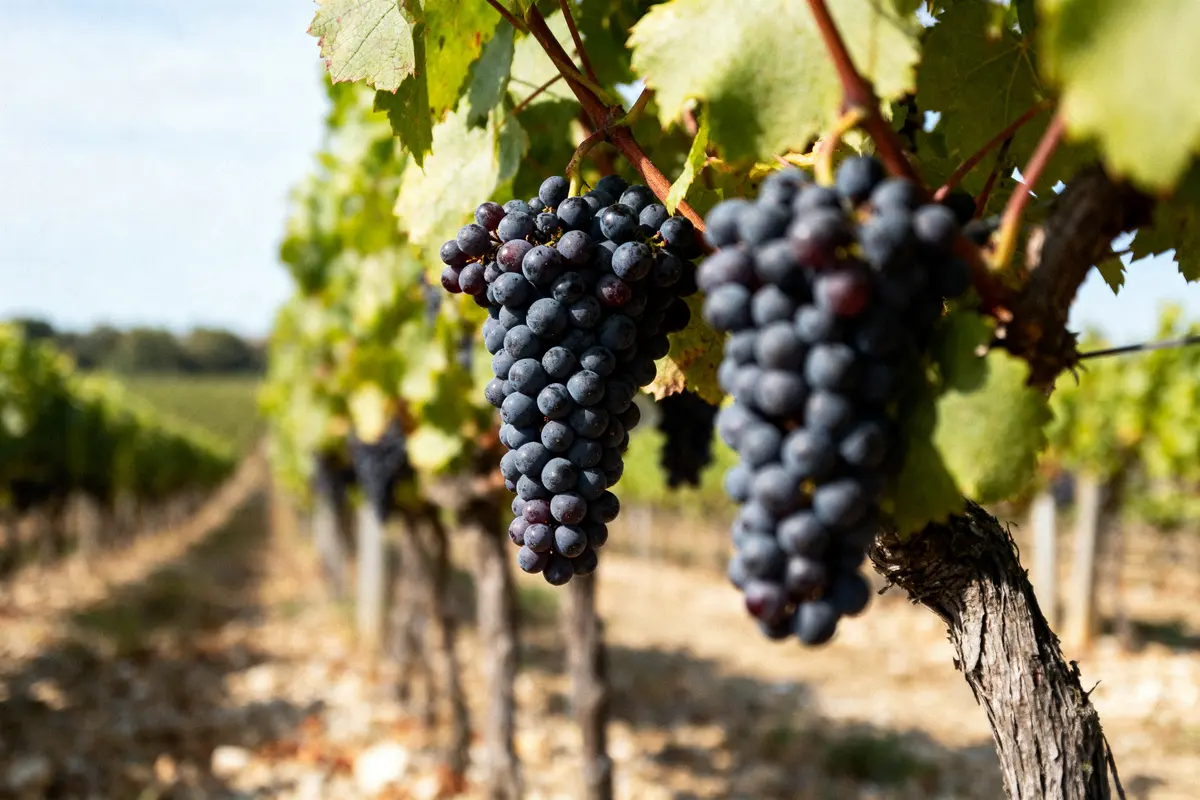 Vignes avec grappes de raisin noir mûres en gros plan, dans un vignoble ensoleillé.