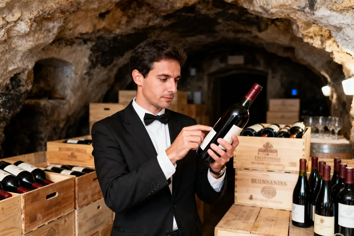 Homme en costume examinant une bouteille de vin dans une cave, entouré de caisses en bois.
