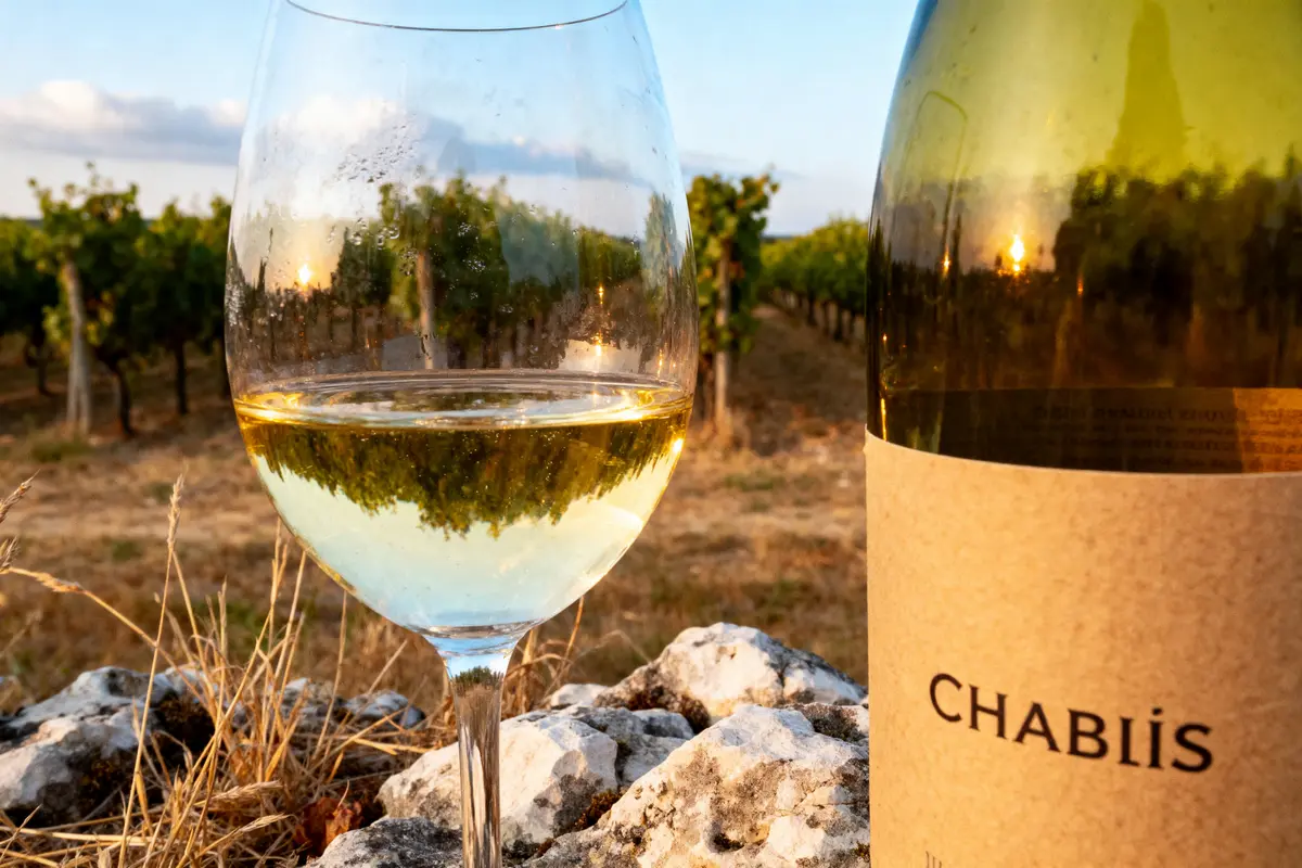 Verre de vin blanc et bouteille Chablis près de vignes au coucher de soleil.